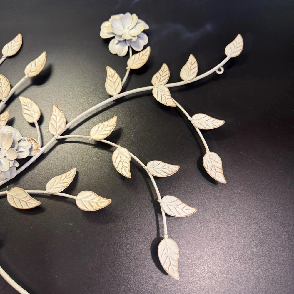 Metal Floral Wall Art Home Decor 28in Cream Gold Distressed Shabby Chic Spray